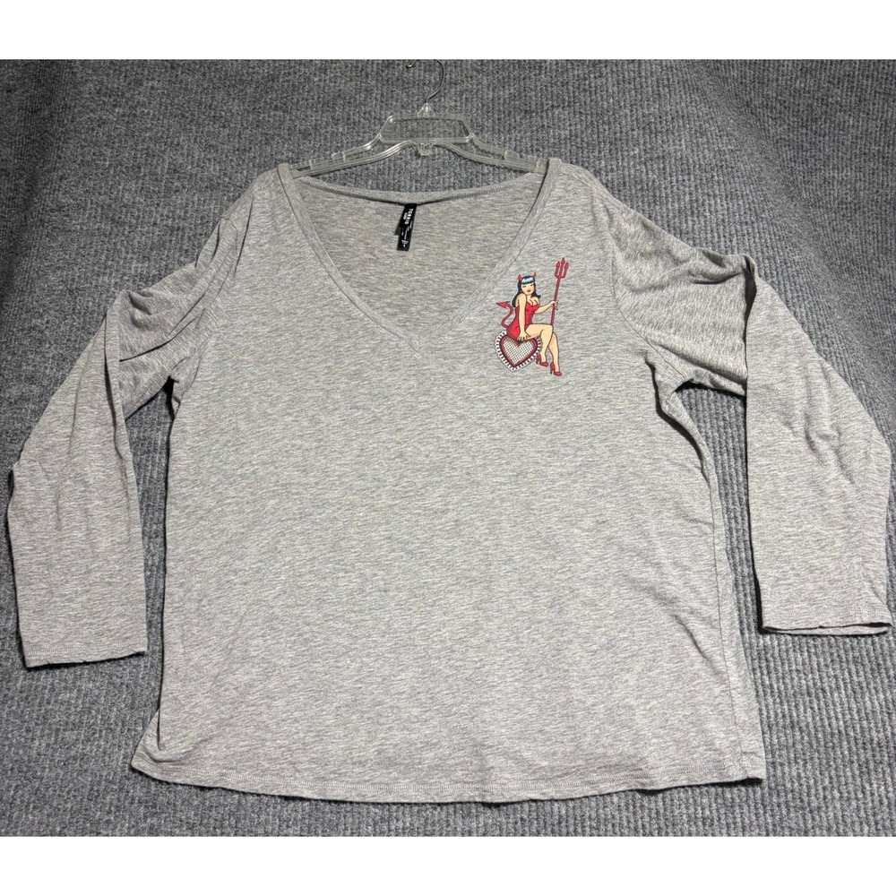 Torrid Sleep Womens Plus Size 1 Heather Gray Pinup Devil Girl Long Sleeve V-Neck
